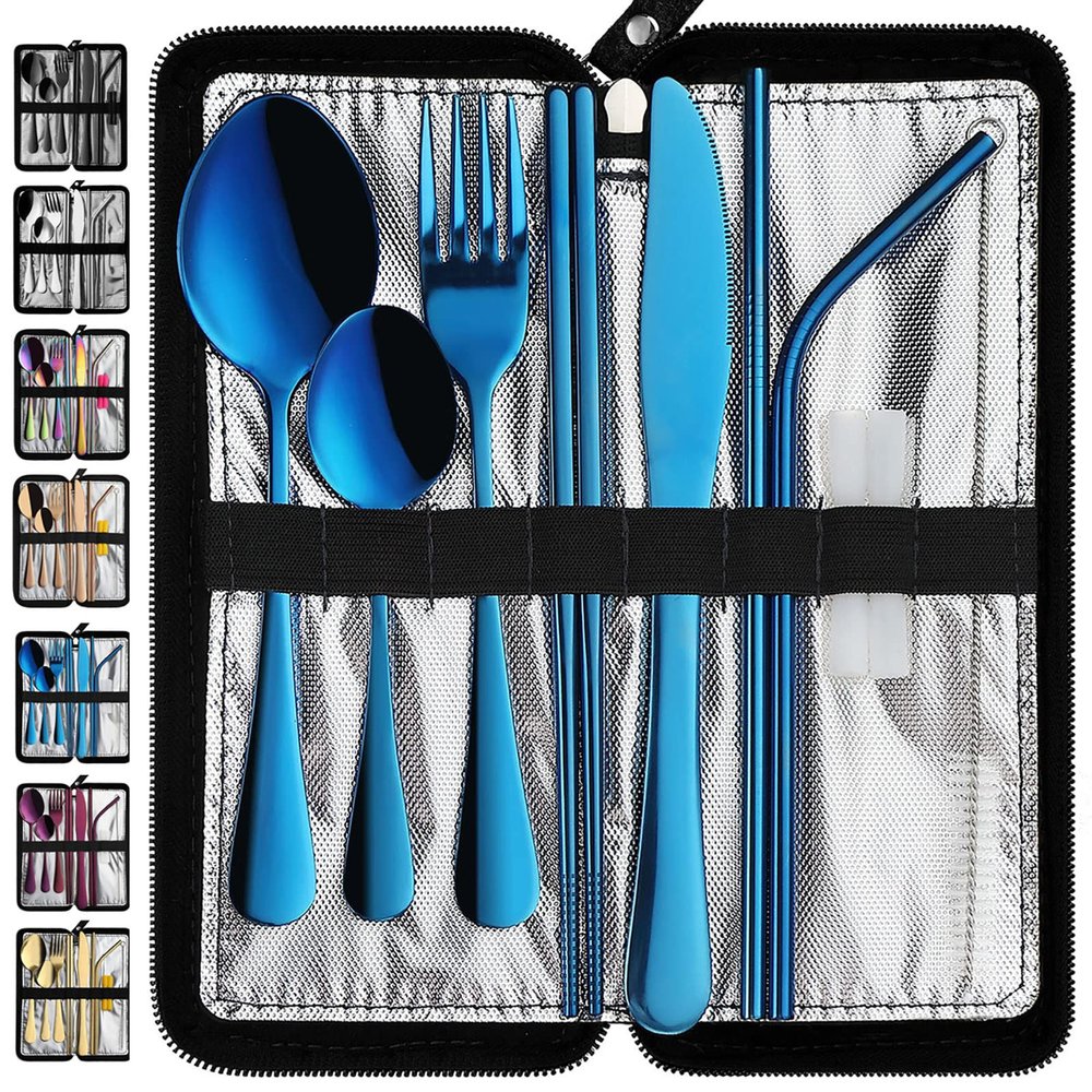 VANDBAO Portable Travel Utensils, Reusable Silverware with Case for Fixing Tableware, 9 Pieces Stainless Steel Stable Flatware Set, Camping Picnic Cutlery Set (Blue Set)