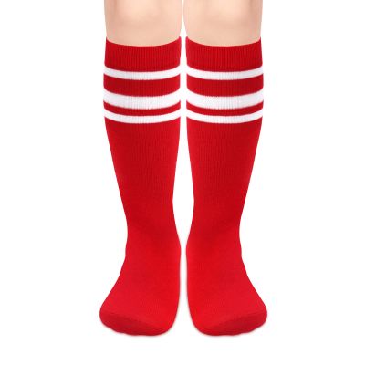 Soccer Socks for Kids, Girls, Boys, Toddlers, Youth - Football Knee High Socks With Red Stripes for Baby