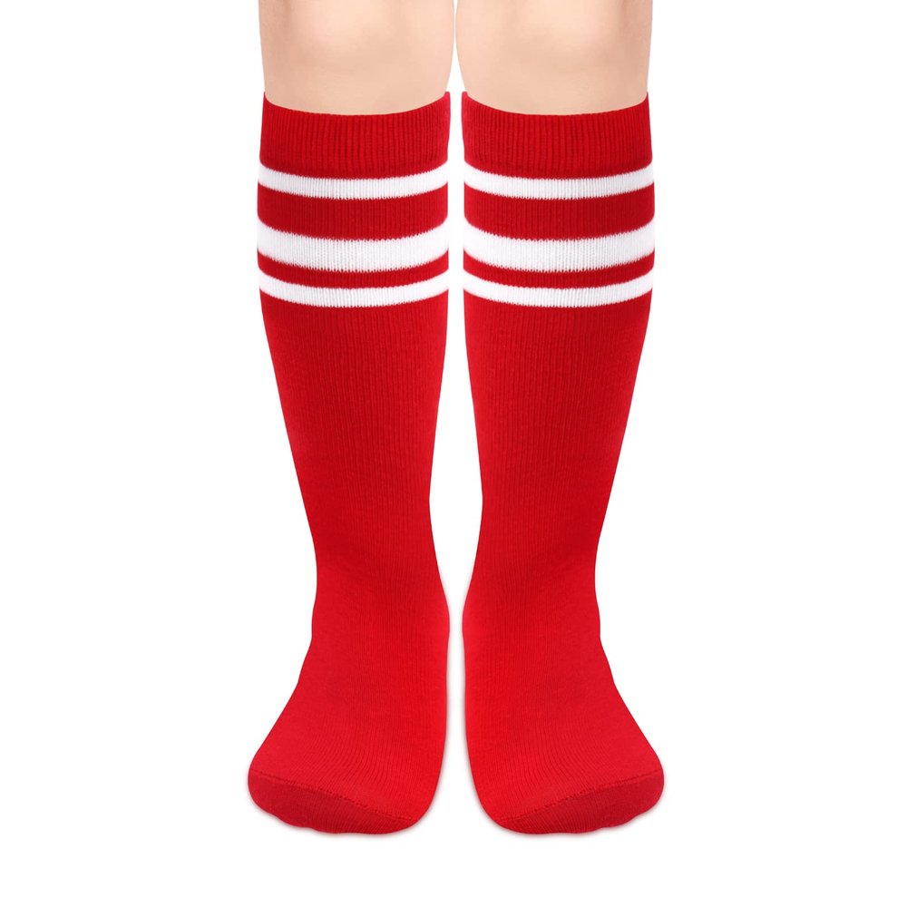 Soccer Socks for Kids, Girls, Boys, Toddlers, Youth - Football Knee High Socks With Red Stripes for Baby