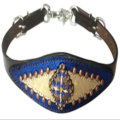 Showman Leather Wither Strap w/ Gold / Royal Blue Metallic Overlay & Rhinestones, Dark Oil, Royal Blue, Gold, Average Full Size Horse