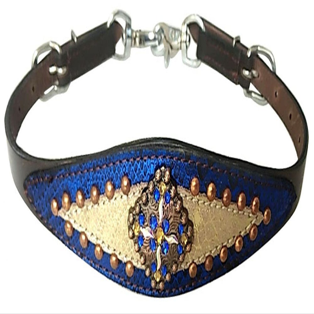 Showman Leather Wither Strap w/ Gold / Royal Blue Metallic Overlay & Rhinestones, Dark Oil, Royal Blue, Gold, Average Full Size Horse