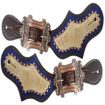 Showman Ladies Leather Spur Straps w/Metallic Gold & Royal Blue Overlay