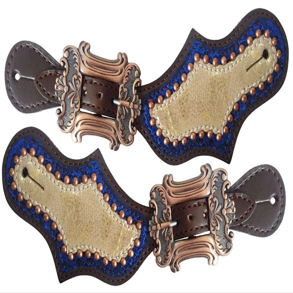 Showman Ladies Leather Spur Straps w/Metallic Gold & Royal Blue Overlay
