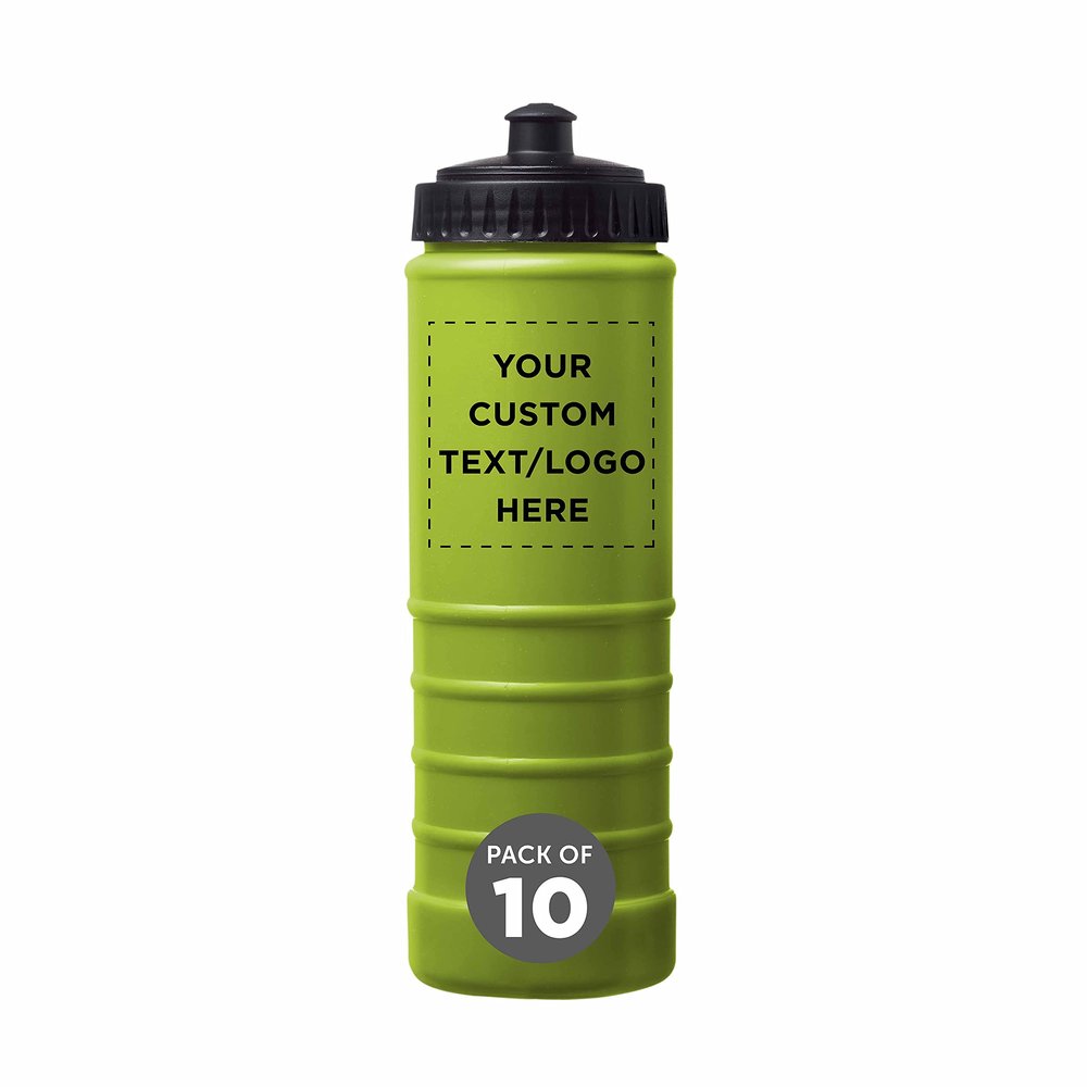 DISCOUNT PROMOS 10 Plastic Water Bottles Set, 23 oz. - Customizable Text, Logo - Screw-On Lid, Grip Design - Lime Green