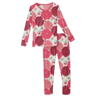 KicKee Pants Print Pajamas Set, Long Sleeve Kimono Style PJs, Ultra Soft and Snug Fitting (Natural Dahlias - 2T)