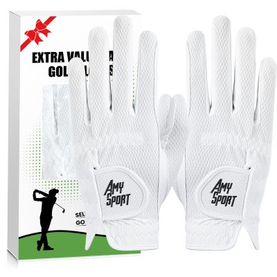 Amy Sport Mens Golf Gloves Pair Both Hands Left and Right Rain Grip Weathersof No Sweat All Weather Grips Soft Comfortable Breathable (White, X/Large)