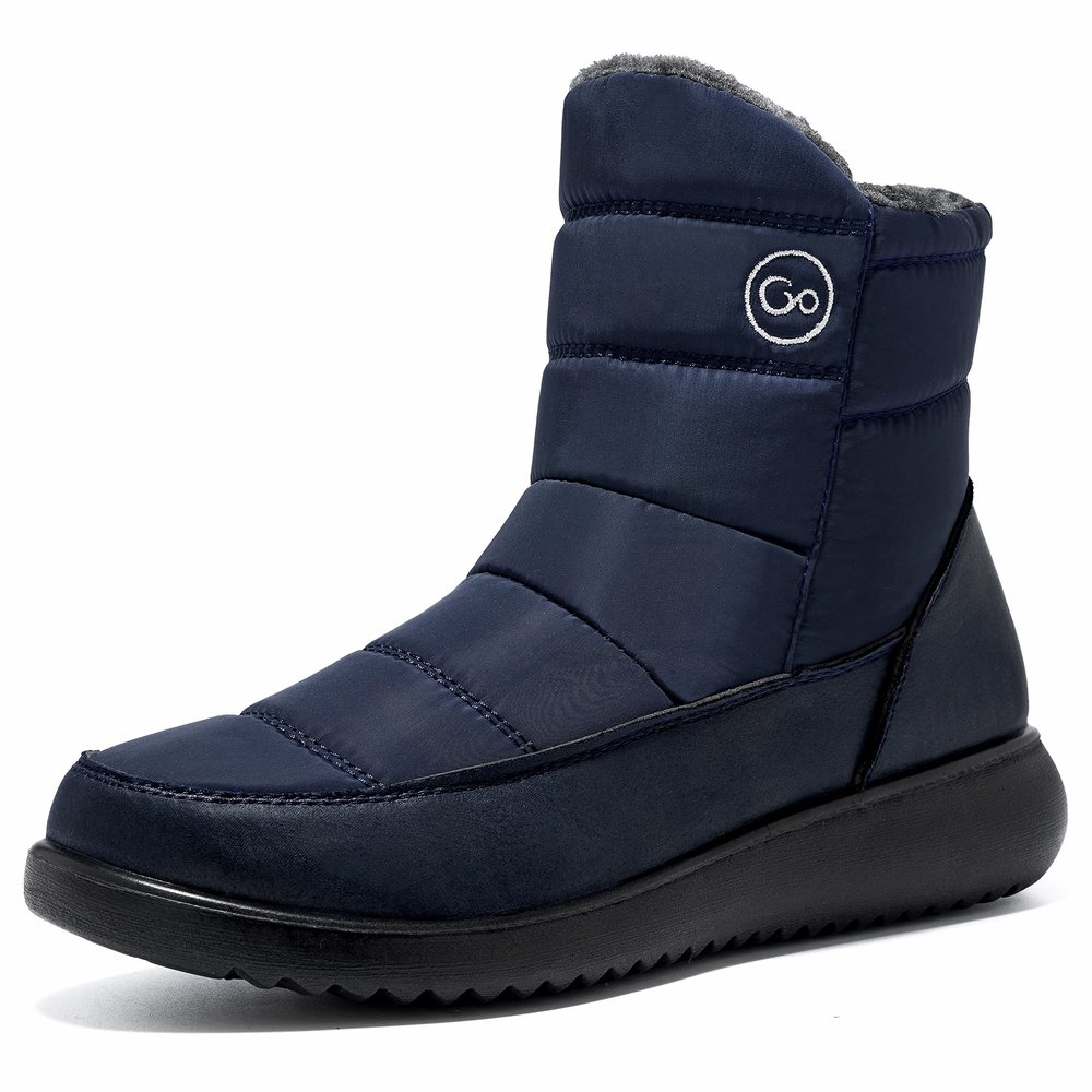 Aomigoct Women Winter Snow Boots Waterproof: Dark Blue 8.5 Warm Mid Calf Boots for Women with Fur Lined - Comfortable Outdoor Slip On Booties Anti-Slip