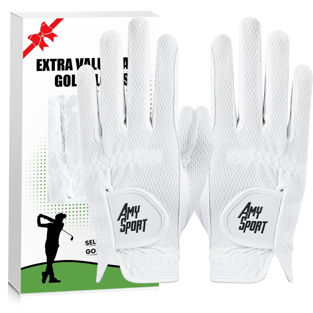 Amy Sport Mens Golf Gloves Pair Both Hands Left and Right Rain Grip Weathersof No Sweat All Weather Grips Soft Comfortable Breathable (White, Medium)