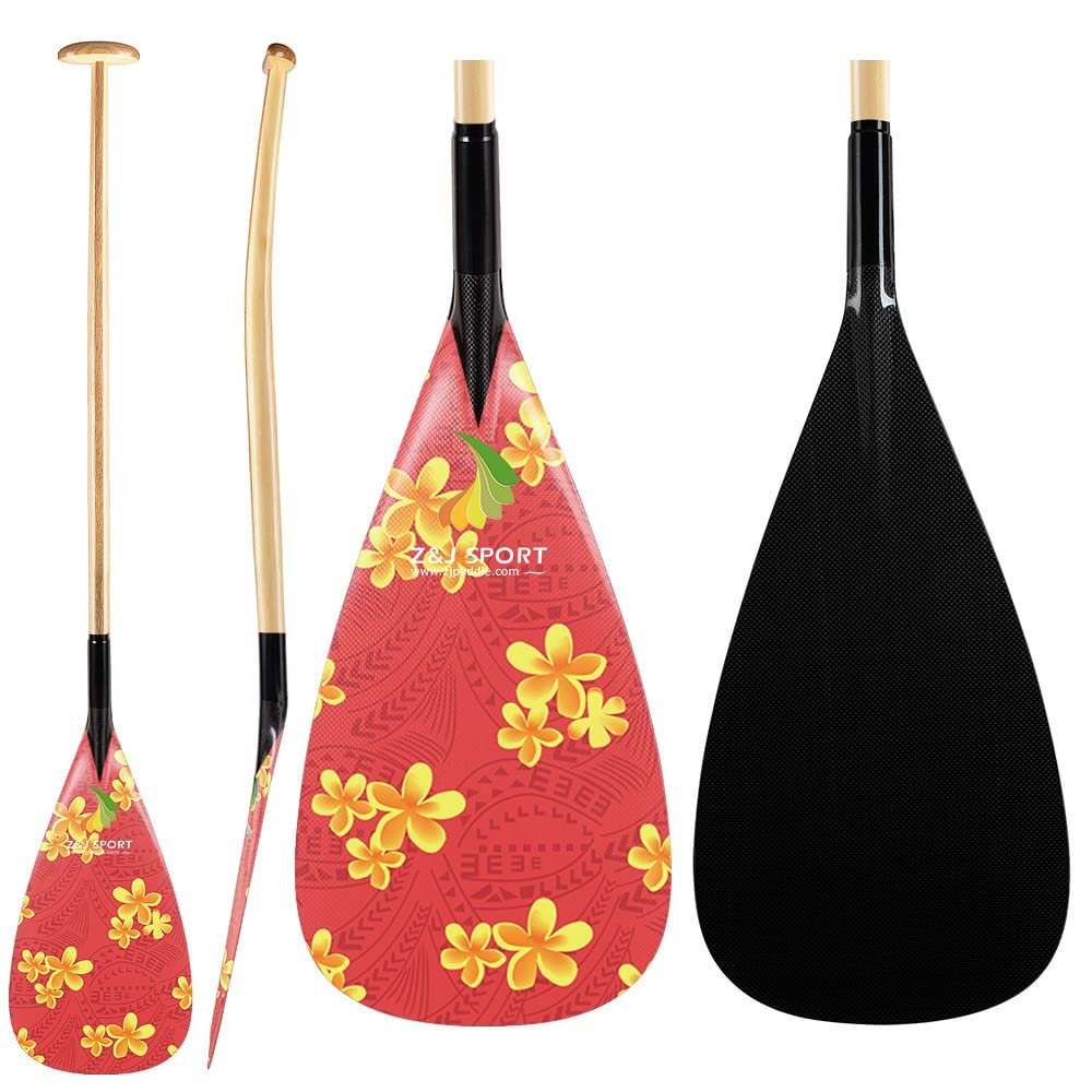 Z&J SPORT Outrigger Canoe Paddle Wooden Shaft, Tahiti Style Hybrid OC Paddle with Graphics Carbon Blade, Durable OC Paddle for Waka AMA, vaa, Bent Shaft & 12 Degree Blade (RF187,46")
