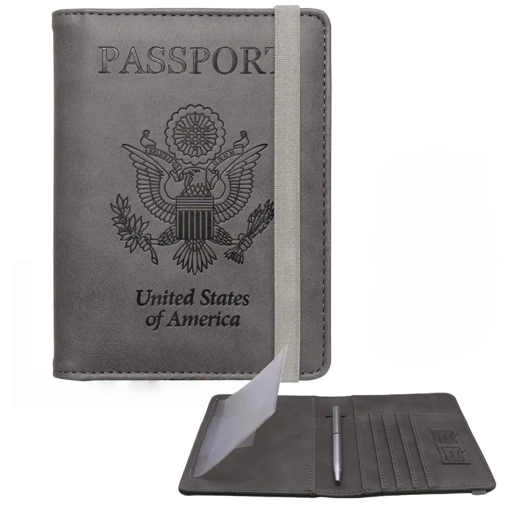 WALNEW Passport Holder for Travel, RFID Passport Cover Wallet for Women Men, PU Leather Passport Book Card Holder Case with Pen (Upgraded, Upgraded-Gray)