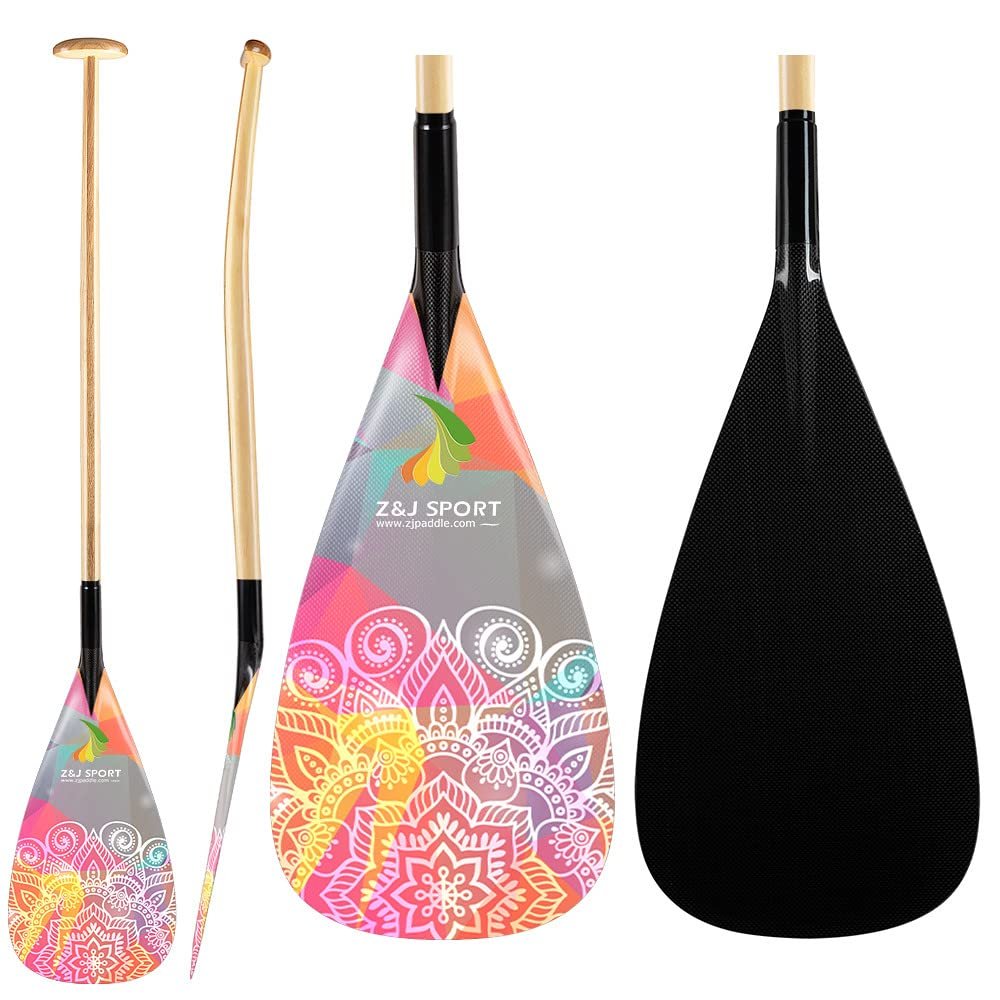Z&J SPORT Outrigger Canoe Paddle Wooden Shaft, Tahiti Style Hybrid OC Paddle with Graphics Carbon Blade, Durable OC Paddle for Waka AMA, vaa, Bent Shaft & 12 Degree Blade (MS01,46")
