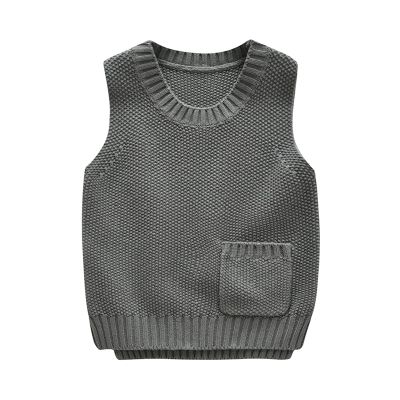 Children's Knitted Vest with Pocket Autumn and Winter Solid Color Round Neck Pullover Sweater B 4T