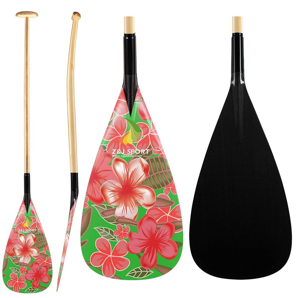 Z&J SPORT Outrigger Canoe Paddle Wooden Shaft, Tahiti Style Hybrid OC Paddle with Graphics Carbon Blade, Durable OC Paddle for Waka AMA, vaa, Bent Shaft & 12 Degree Blade (MJ378,46")