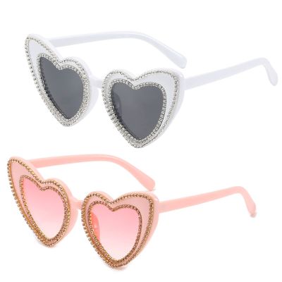 willochra 2pack Cute heart shape Crystal Small Frame Rhinestone Sunglasses Fashion decoration Ladies Crystal Girl Party Diamond Sunglasses (2pack-pink&white)