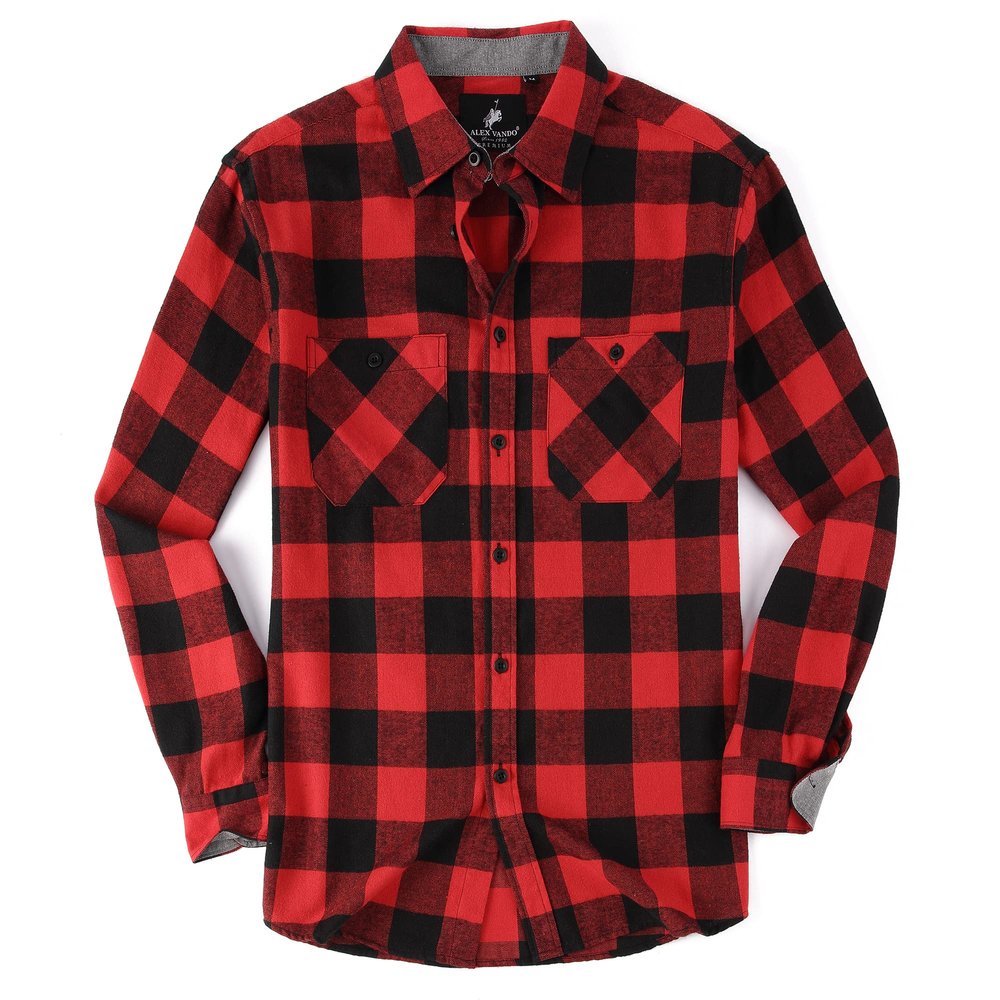 Alex Vando Mens Button Down Shirts Regular Fit Long Sleeve Casual Plaid Flannel Shirt,Black/Red,XXL