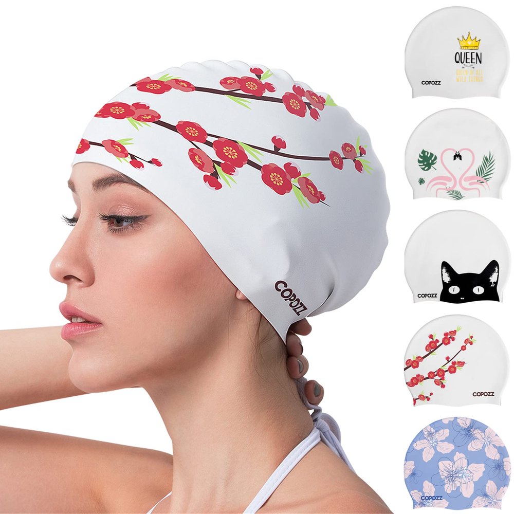 COPOZZ Womens Swim Cap for All Hair - Large, Comfortable Silicone Swimming Cap, Waterproof Design for Long, Short, Thick & Curly Hair | Secure & Comfortable Fit (Plum Blossom-12yrs+)