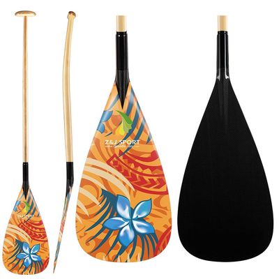 Z&J SPORT Outrigger Canoe Paddle Wooden Shaft, Tahiti Style Hybrid OC Paddle with Graphics Carbon Blade, for Waka AMA, vaa, Bent Shaft (Custimoized, 46"-52" Optional)