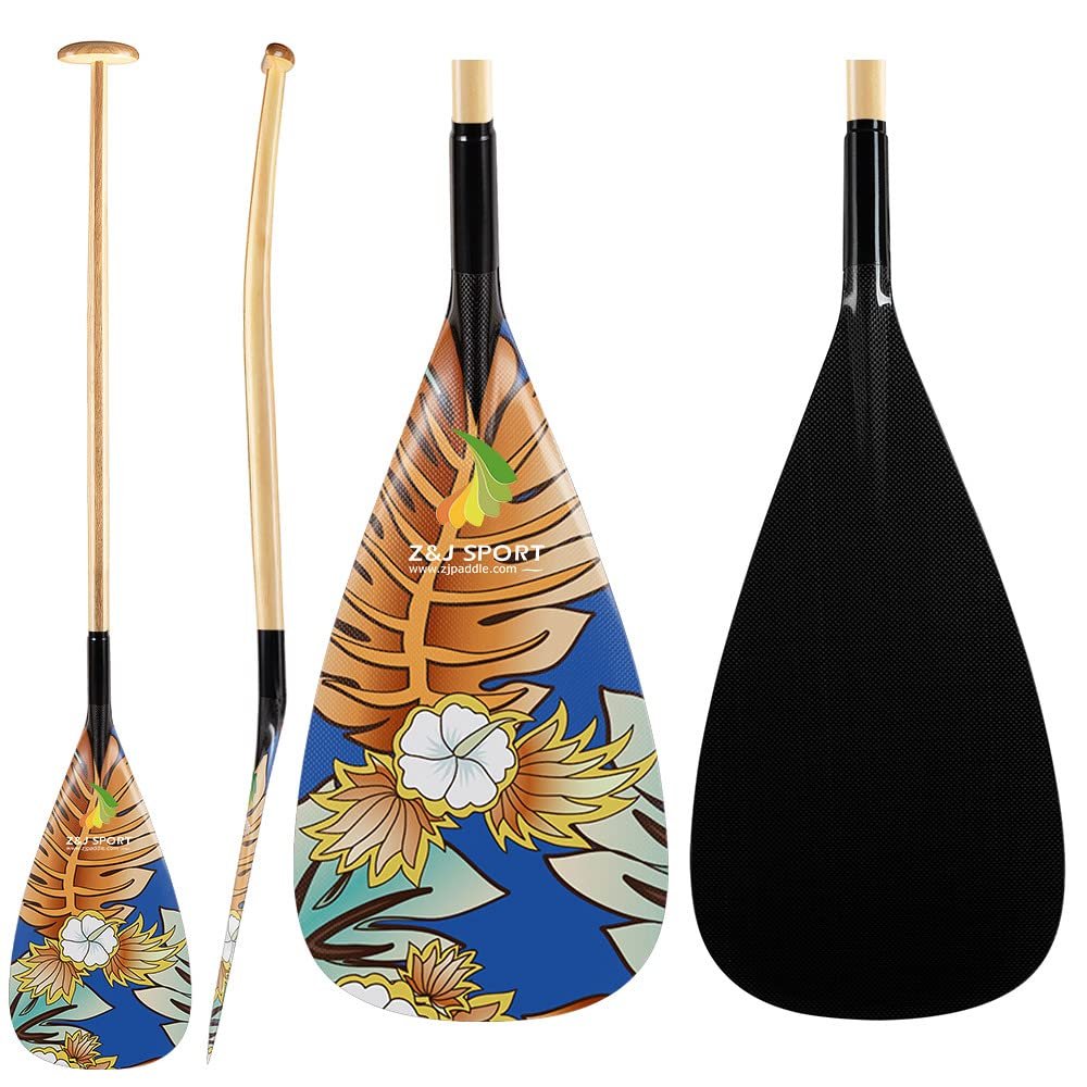 Z&J SPORT Outrigger Canoe Paddle Wooden Shaft, Tahiti Style Hybrid OC Paddle with Graphics Carbon Blade, Durable OC Paddle for Waka AMA, vaa, Bent Shaft & 12 Degree Blade (BH369, 46"-52" Optional)