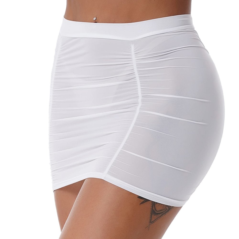 ACSUSS Sexy Women's Sheer Ultra See Through Low Waist Micro Mini Skirts Pencil Skirt 2# White One Size
