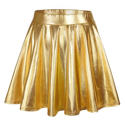 Womens High Waisted Shiny Skirt Pleated Skirt Short Halloween Skater Skirt Flowy Mini Skirts Gold X-Large