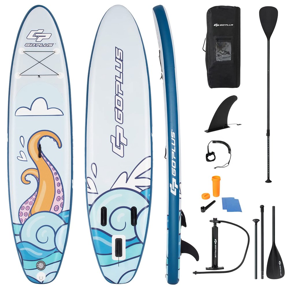 Goplus Inflatable Stand up Paddle Board, 6" Thick SUP with Premium Accessories, Adjustable Aluminum Paddle, Leash, Carry Bag, Hand Pump, Removable Fin (Navy+White, 10.5 FT)