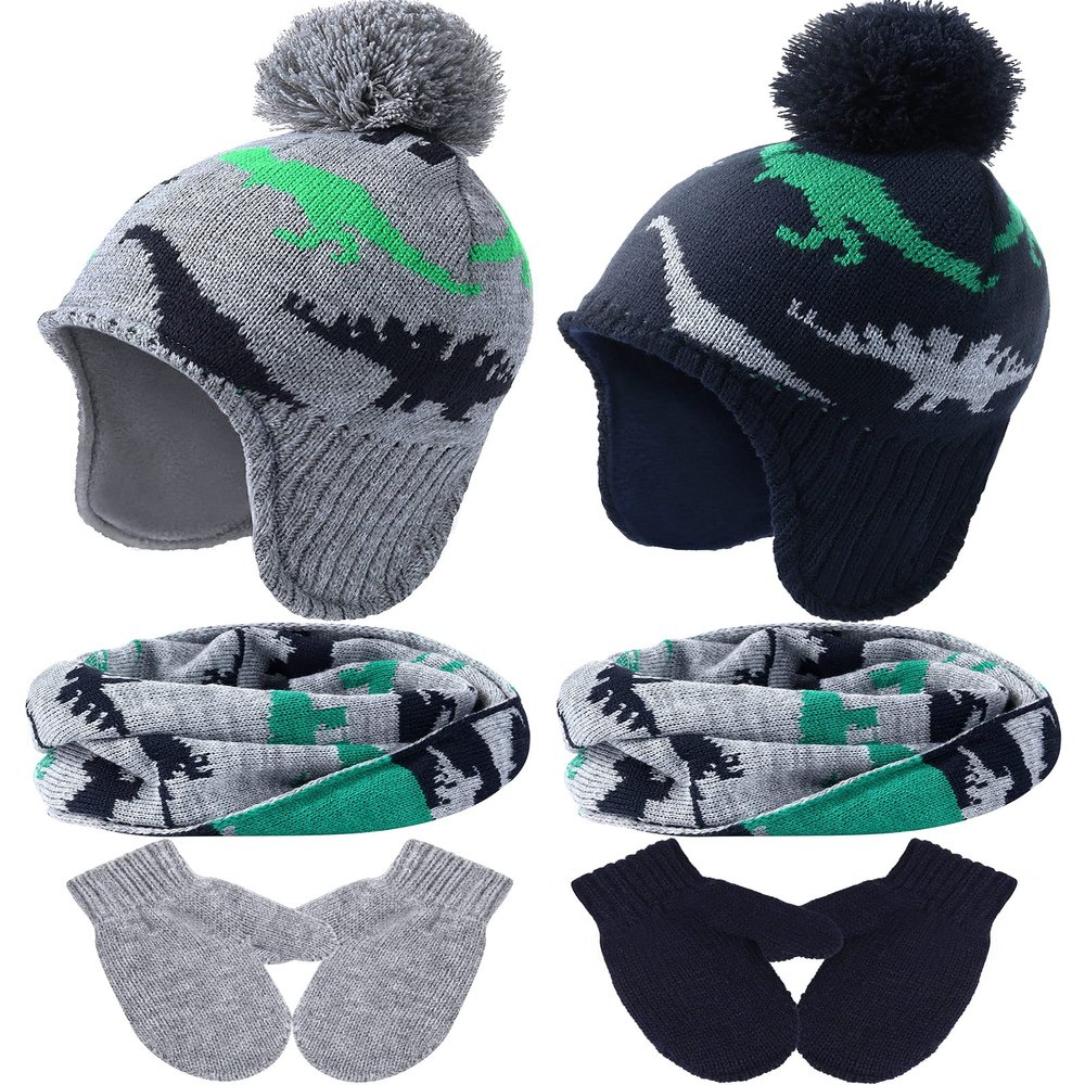 SATINIOR 6 Pieces Winter Boys Hat Dinosaur Warm Mittens Set Pompom Baby Knitted Hat Scarf Gloves Earflap Beanie (Stylish Color)