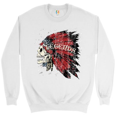 Tee Hunt Native American Legends Sweatshirt Skull Face War Bonnet Headdress Crewneck White Small