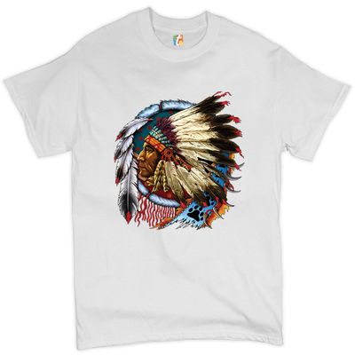 Native American Chief T-Shirt War Bonnet Dreamcatcher Indigenous Men's Tee White Small