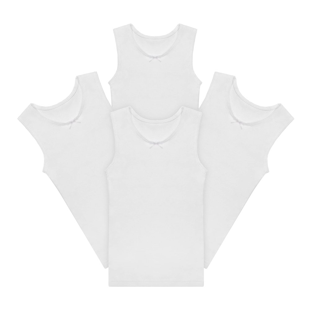 Buyless Fashion Big Girls Tagless Cami Scoop Neck Undershirts White Cotton Tank with Trim (4 Pack) - TW14-GWW-11-12