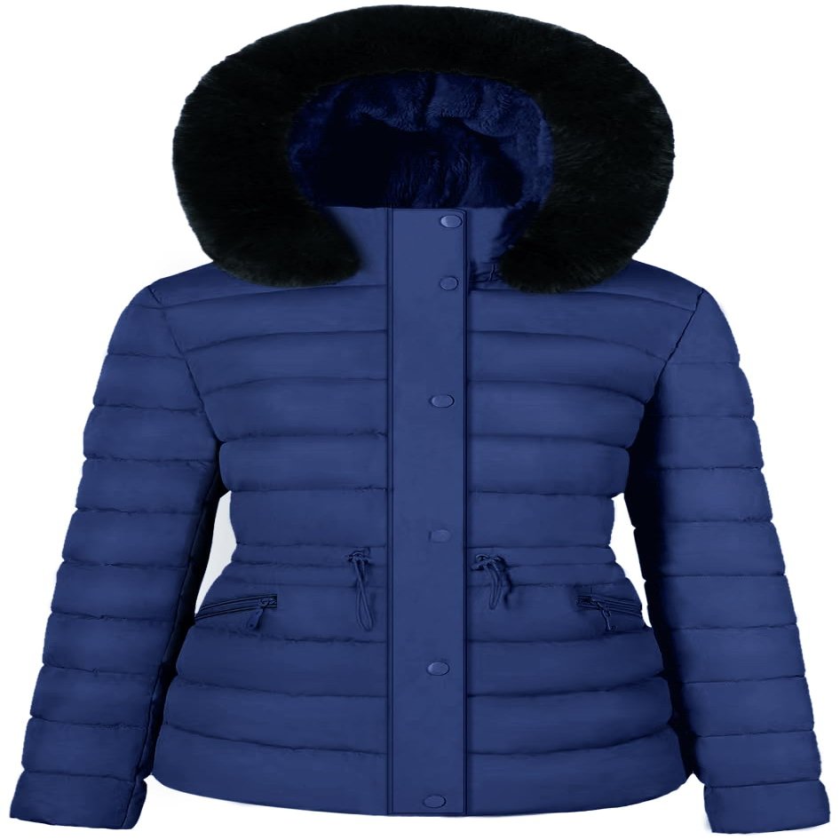 BodiLove Women's Fur Hooded Utility Jacket With Zipper and Flannel Lining Navy L