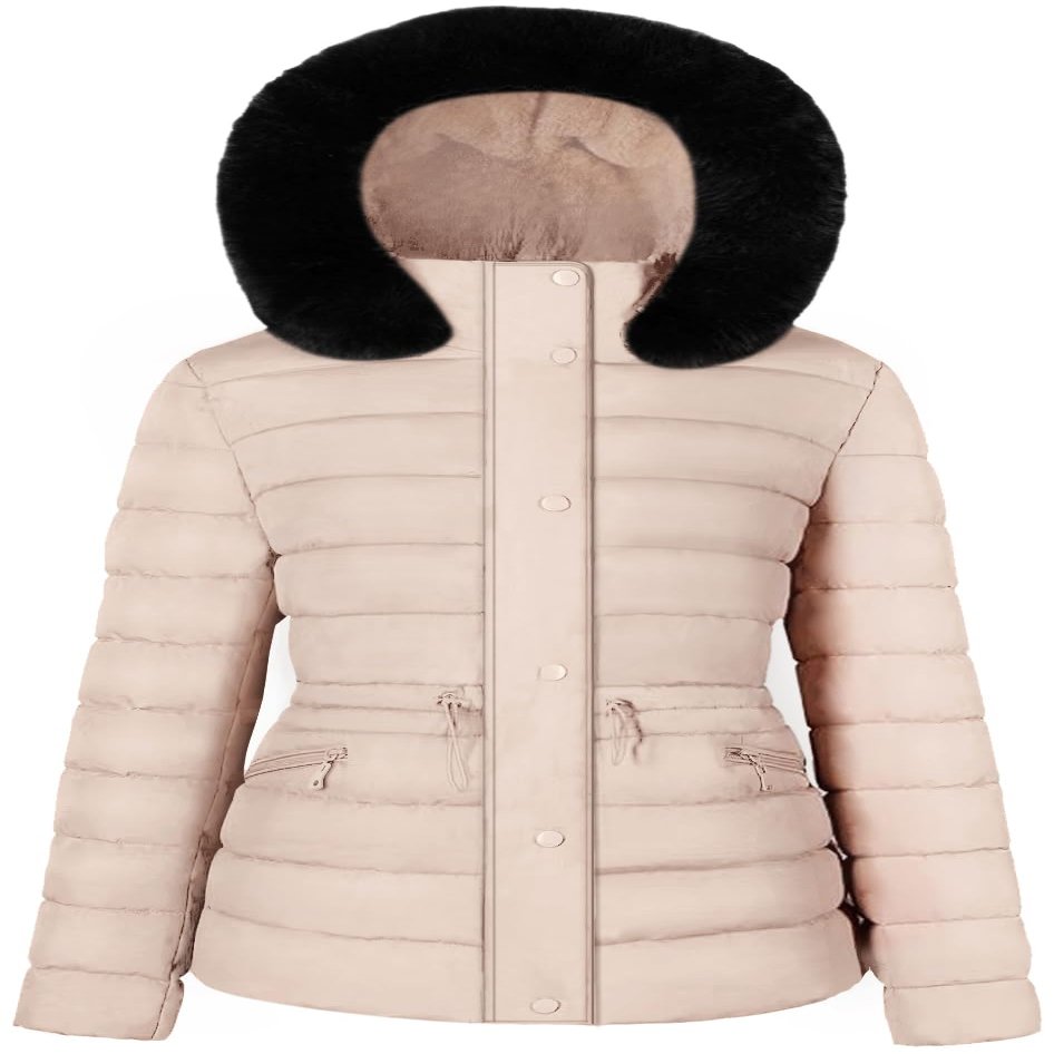 BodiLove Women's Fur Hooded Utility Jacket With Zipper and Flannel Lining Beige L