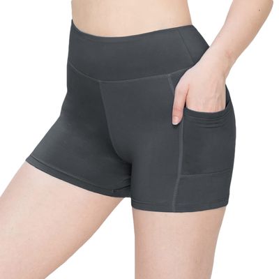 ALWAYS Women's 3" Yoga Shorts - Premium Soft Tummy Control Workout Stretch Solid Leggings Pants with Pockets Dark Charcoal XS