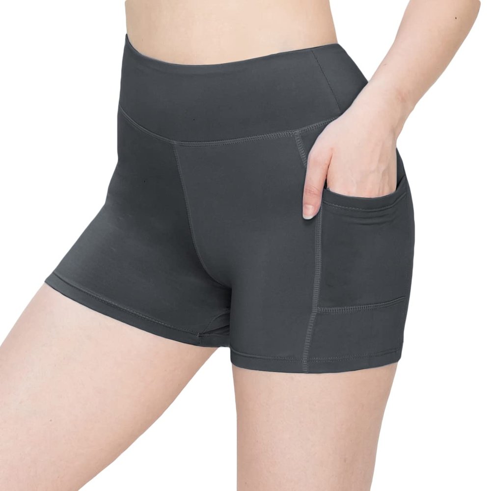 ALWAYS Women's 3" Yoga Shorts - Premium Soft Tummy Control Workout Stretch Solid Leggings Pants with Pockets Dark Charcoal XS