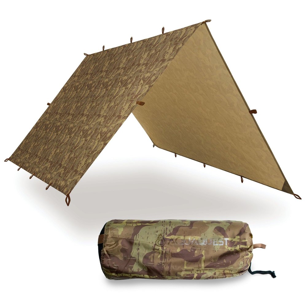 AquaQuest Safari Tarp Lightweight Waterproof (5,000 mm) Seam-Taped Ripstop Rain Fly for Backpacking, Thru-Hiking & Hammock Camping 10x10 True Terrain Camo
