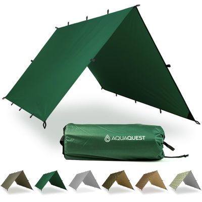 AquaQuest Safari Tarp  Lightweight Waterproof (5,000 mm) Seam-Taped Ripstop Rain Fly for Backpacking, Thru-Hiking & Hammock Camping  15x15 Forester Green