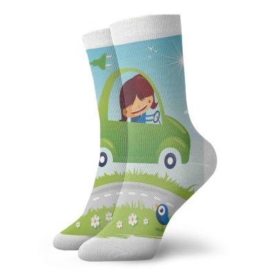 Cars Funny Compression Socks Women and Men,Little Girl Driving A Green Car On The Road Flowering Meadow Bird And Sunny Summer Day,Best for Circulation,Running,Athletic,Nurse,Travel,Multicolor -12 inch