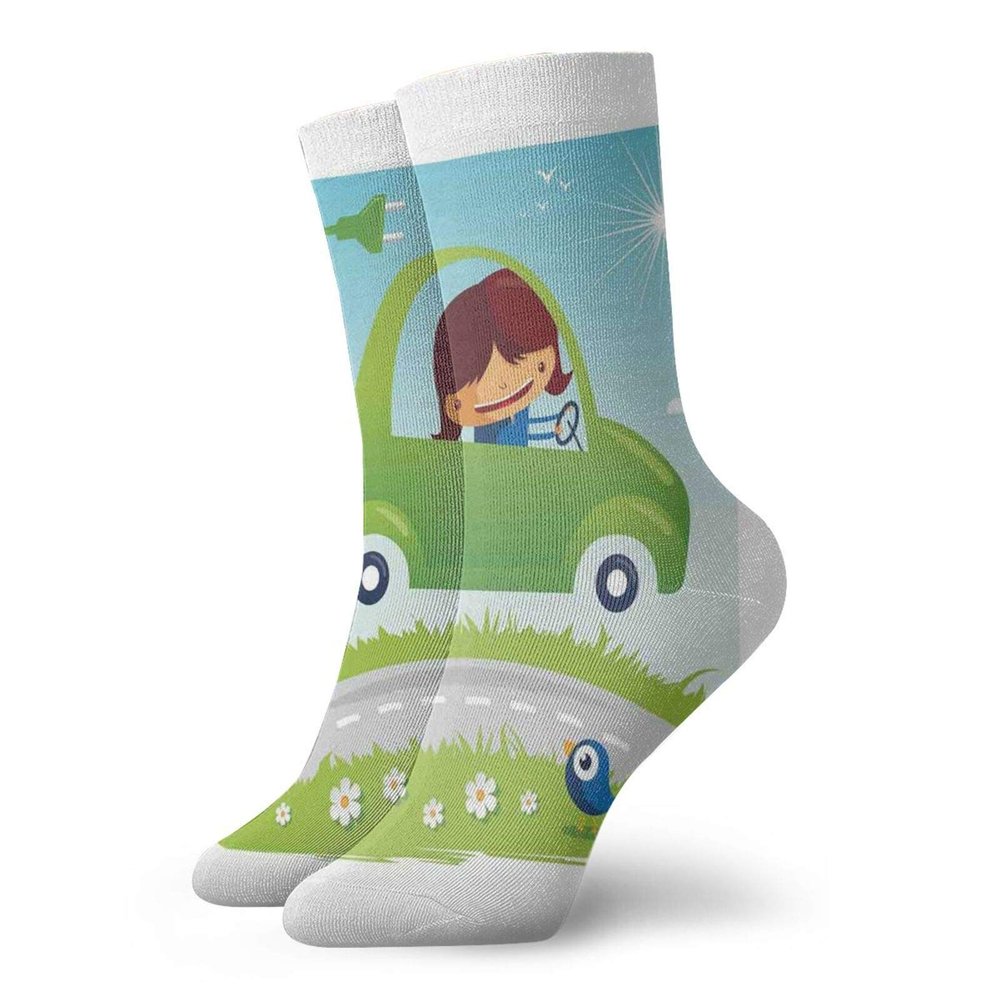 Cars Funny Compression Socks Women and Men,Little Girl Driving A Green Car On The Road Flowering Meadow Bird And Sunny Summer Day,Best for Circulation,Running,Athletic,Nurse,Travel,Multicolor -12 inch