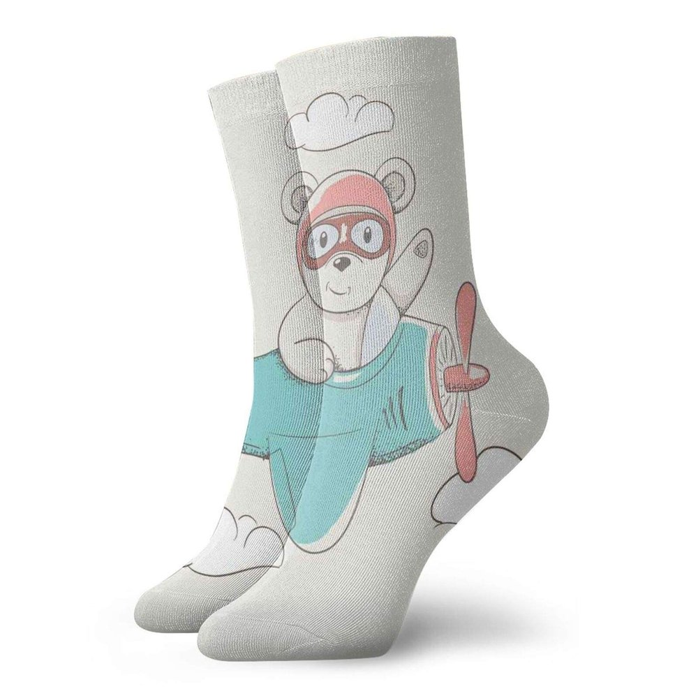 Nursery Airplane Funny Compression Socks Women and Men,Adventurous Funny Child Bear Flying In The Sky On A Plane Cheerful Cartoon,Best for Circulation,Running,Athletic,Nurse,Travel,Multicolor -12 inch