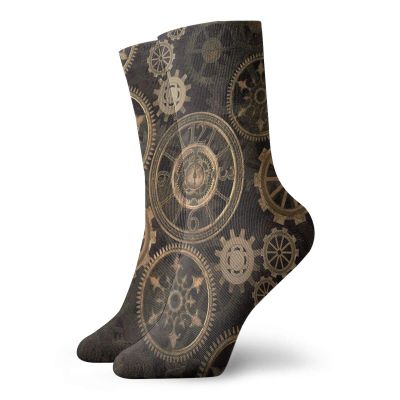 GULTMEE Steampunk Fashion Compression Socks,Dark Toned Mechanical Composition Including Various,Performance Polyester Cushioned Athletic Crew Socks for Running,Athletic,Dark Brown SBrown -12 inch