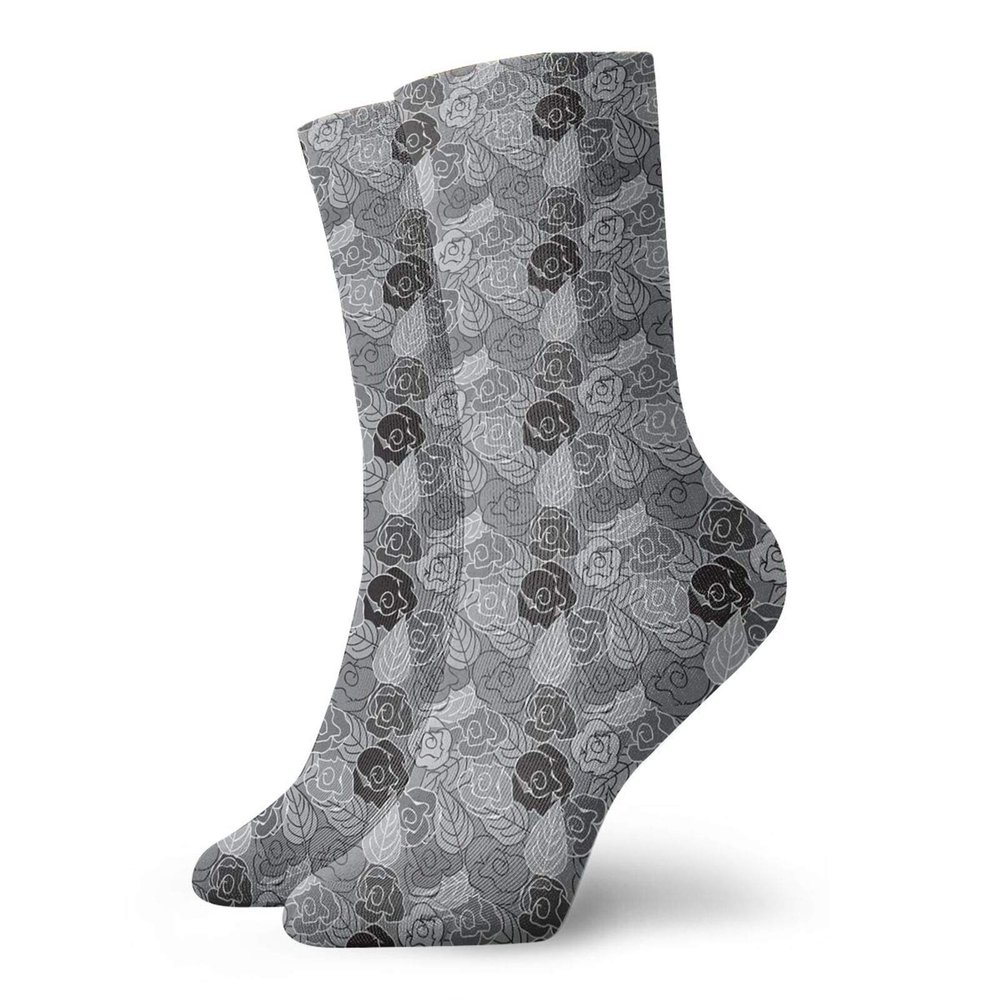 GULTMEE Floral Fashion Compression Socks,Greyscale Bouquet Of Roses Cartoon Style,Performance Polyester Cushioned Athletic Crew Socks for Running,Athletic,Grey Pale Grey Black -12 inch