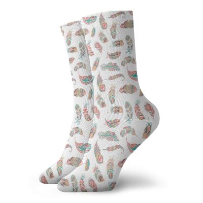 Indie Funny Compression Socks Women and Men,Ethnic Feathers With Colorful Style Ornaments Bohemian Tribal Print,Best for Circulation,Running,Athletic,Nurse,Travel,Turquoise Khaki Pale Pink -12 inch