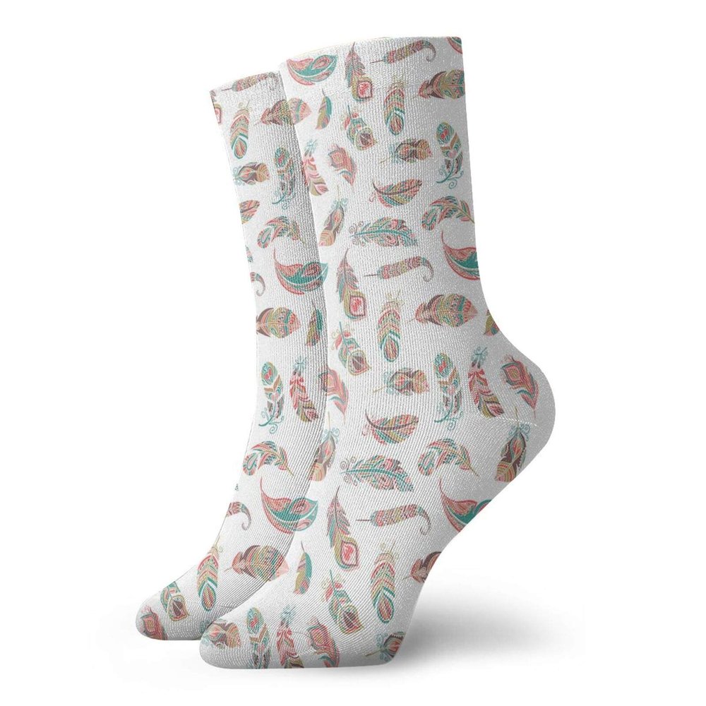 Indie Funny Compression Socks Women and Men,Ethnic Feathers With Colorful Style Ornaments Bohemian Tribal Print,Best for Circulation,Running,Athletic,Nurse,Travel,Turquoise Khaki Pale Pink -12 inch