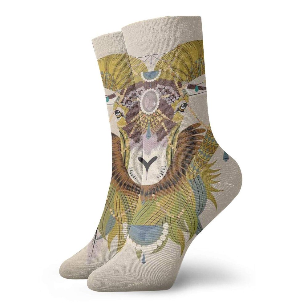 Goat Funny Compression Socks Women and Men,Sumptuous Goat Head With Bighorn Abstract Artistic Animal Figure Ethnic Tribal Design,Best for Circulation,Running,Athletic,Nurse,Travel,Multicolor -12 inch