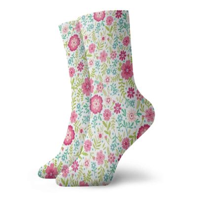 Spring Funny Compression Socks Women and Men,Blossoming Field With Fern Branches Leaves And Flowers Ornamental,Best for Circulation,Running,Athletic,Nurse,Travel,Pink Lime Green Turquoise -12 inch
