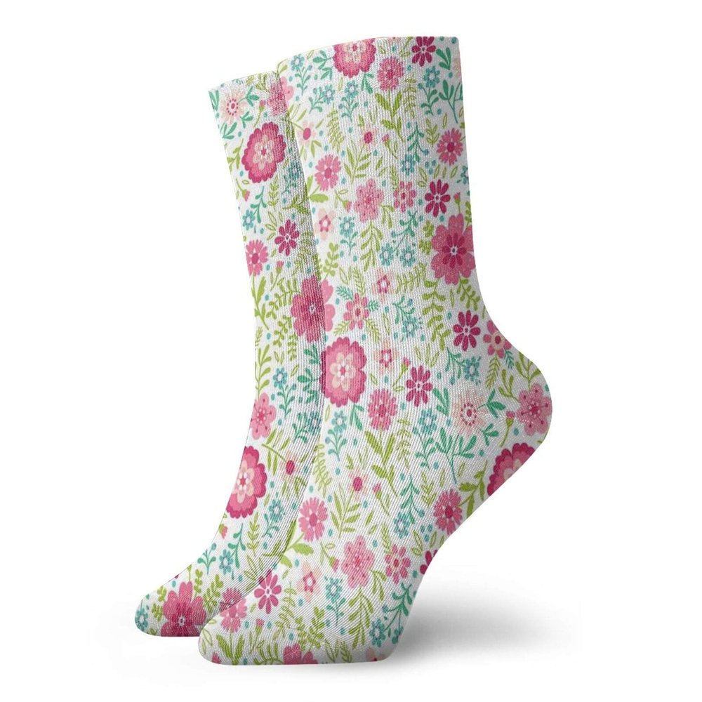 Spring Funny Compression Socks Women and Men,Blossoming Field With Fern Branches Leaves And Flowers Ornamental,Best for Circulation,Running,Athletic,Nurse,Travel,Pink Lime Green Turquoise -12 inch