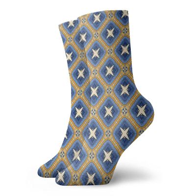Ethnic Fashion Compression Socks,Asian Vintage Tile Ornament Diagonal With Arabesque Art Influences,Performance Polyester Cushioned Athletic Crew Socks for Running,Athletic,Blue Orange Beige -12 inch