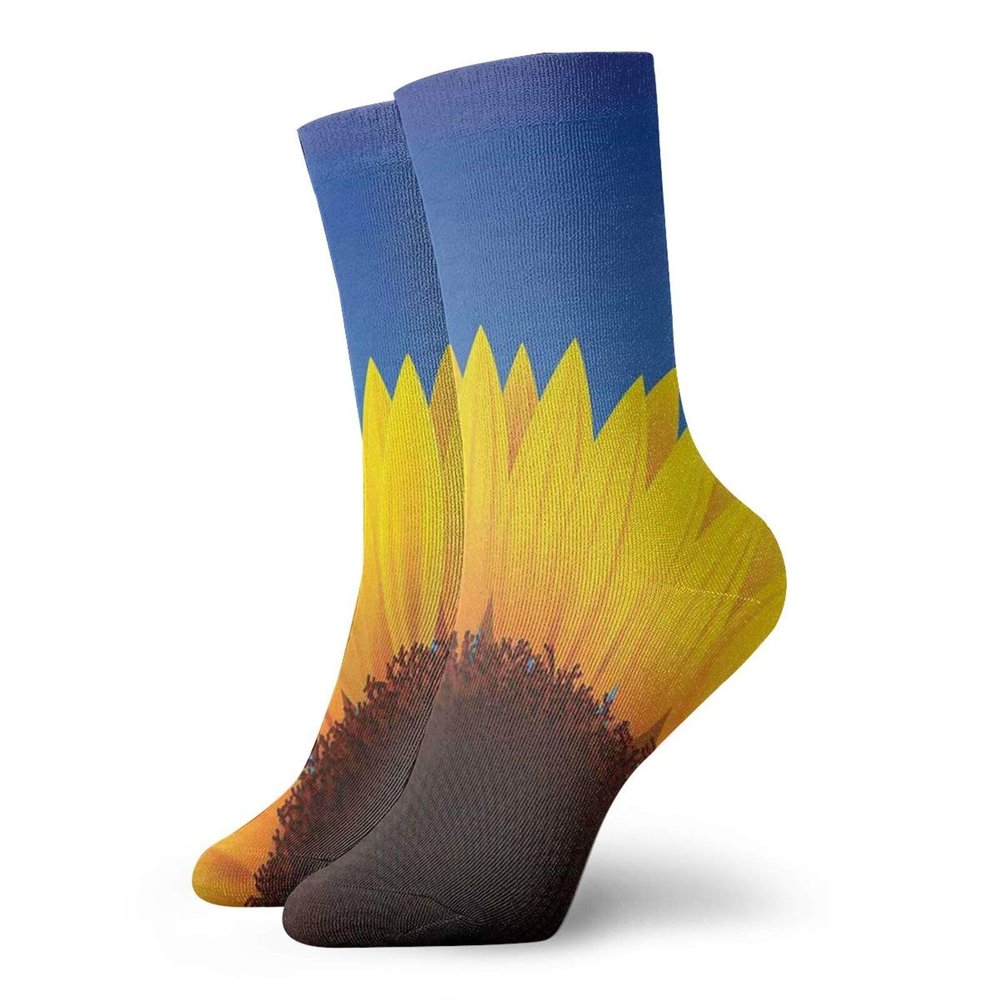 Yellow And Blue Funky Colorful Cushion Sport Socks,Sunflower With Summer Sky Agricultured Digital,Athletic Cushioned Running Performance Crew Socks For Men/Women,Dark Brown Yellow Blue -12 inch