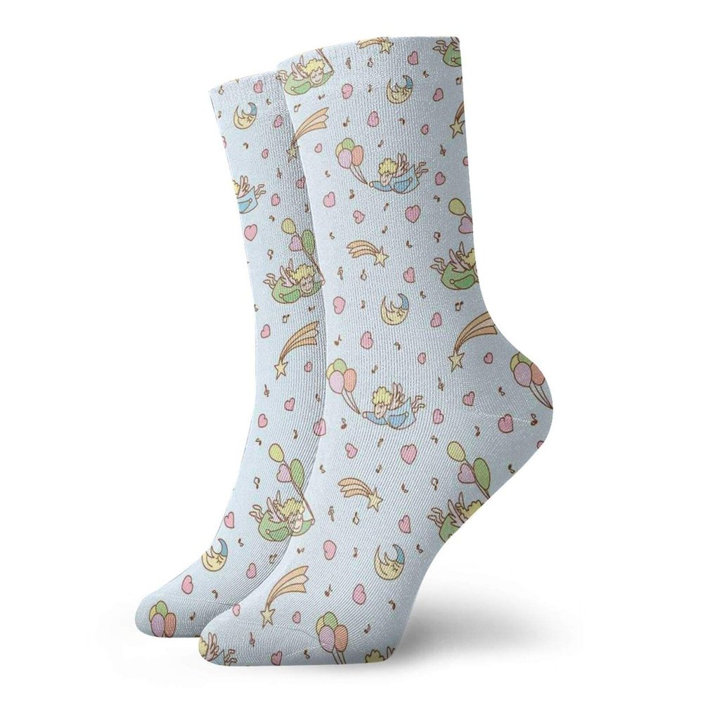 GULTMEE Angel Funky Colorful Cushion Sport Socks,Little Girl With Shooting Stars Clouds,Athletic Cushioned Running Performance Crew Socks For Men/Women,Baby Blue Sea Green SBrown -12 inch