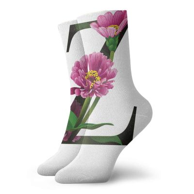 GULTMEE Funny Compression Socks Women and Men,Purple Zinnia Petals Stems Leaves And Letter Z Nature Inspired Alphabet,Best for Circulation,Running,Athletic,Nurse,Travel, -12 inch