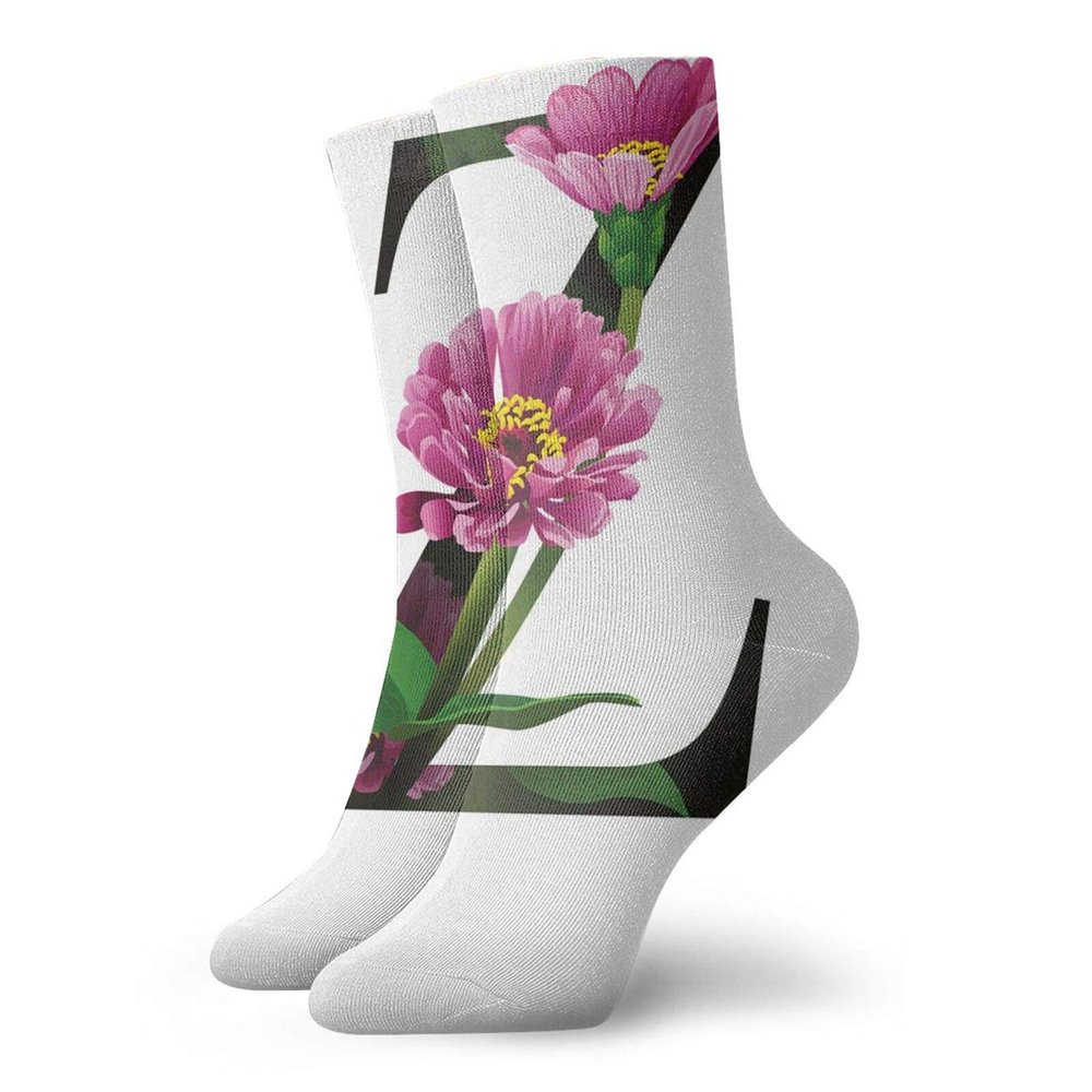 GULTMEE Funny Compression Socks Women and Men,Purple Zinnia Petals Stems Leaves And Letter Z Nature Inspired Alphabet,Best for Circulation,Running,Athletic,Nurse,Travel, -12 inch